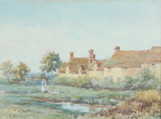 Thomas Edward Francis (1899-1912), watercolour signed, lady feeding geese before country cottages 22cm x 29cm 