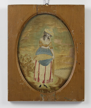 19th Century oval silk work embroidery of a young lady 22cm x 16cm 
