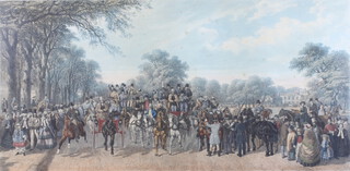 J Harris, coloured engraving "Return from the Derby, Clapham Common 53cm x 106cm contained in a maple frame 