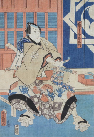 Utagawa Toyokuni (1786-1865) wood cut print, study of a samurai, signed 35cm x 24cm 