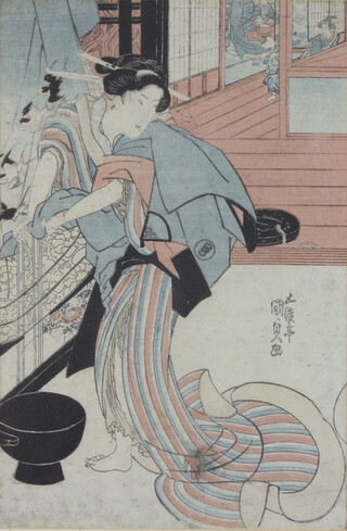 Kunisada (1786-1865), wood cut print, study of a geisha, signed 35cm x 23cm 