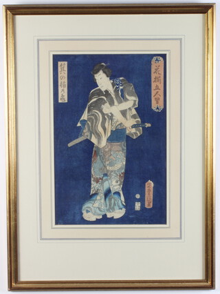 Utagawa Toyokuni (1786-1865) wood cut print, study of a samurai, signed 35cm x 23cm 