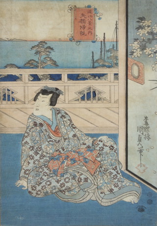 19th Century Japanese wood cut print, signed, study of a lady sitting on a pavillion terrace with distant boats 35cm x 24cm 