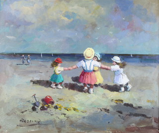 Rossiny, oil on canvas signed, study of children playing on a beach, with Certificate to back 49cm x 60cm 