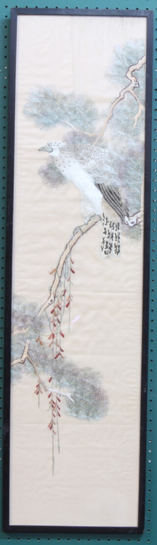 19th Century Japanese silk work embroideries of birds of prey amongst trees (3) 96cm x 24cm 