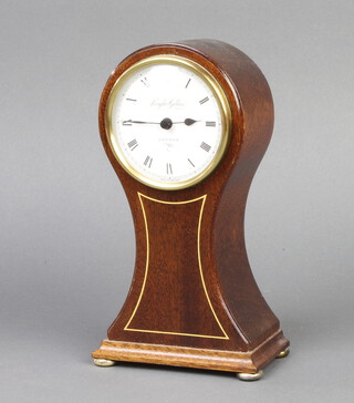 Knight and Gibbins, a Victorian style timepiece with paper dial and Roman numerals contained in an inlaid mahogany balloon case clock with quartz movement, raised on bun feet 19cm h x 10cm w x 6cm d 