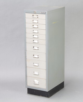 A grey painted Bisley filing chest of 11 shallow drawers 94cm h x 28cm w x 41cm d 