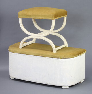 A D shaped white painted loom ottoman 39cm h x 89cm w x 38cm d and ditto dressing table stool 43cm h x 48cm w x 33cm d 