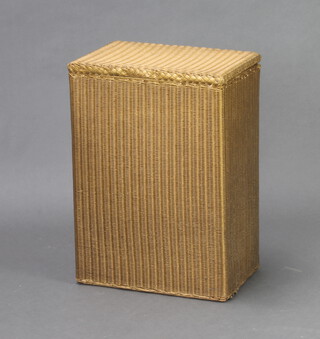 A rectangular gold painted Lloyd Loom linen basket with hinged lid complete with label 54cm h x 39cm w x 24cm d 