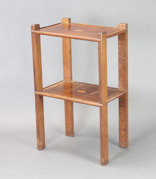 An inlaid mahogany and oak 2 tier rectangular what-not 97cm h x 59cm w x 40cm d (heavy scratches to the 2nd tier) 