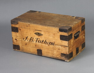 A rectangular pine tuck box with hinged lid and Southern Railways label 28cm h x 56cm w x 32cm d (1 handle missing) 