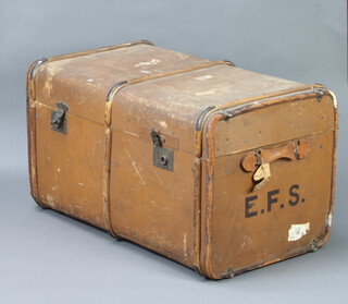 A wooden and fibre bound cabin trunk 50cm h x 92cm w x 51cm d with LNER luggage label Kings Cross to Gainsborough 