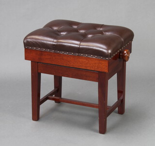 A rectangular mahogany adjustable piano stool the seat upholstered in buttoned brown leather 50cm h x 50cm w x 40cm d 