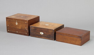 A Victorian rosewood and inlaid mother of pearl trinket box with hinged lid 18cm h x 31cm w x 23cm d (lock missing and water damage to veneers), 1 other rosewood box with hinged lid 12cm h x 30cm w x 22cm d and a mahogany box with hinged lid 10cm h x 28cm w x 20cm d (3) 