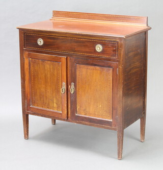 An Edwardian inlaid mahogany wash stand/tall boy with raised back fitted 1 long drawer above double cupboard enclosed by panelled doors, raised on square feet 99cm h x 91cm w x 48cm d (some scratches and pitting in places) 