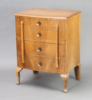 A 1950's walnut bow front chest of 4 long drawers raised on cabriole supports 83cm h x 63cm w x 47cm d (top is scratched) 