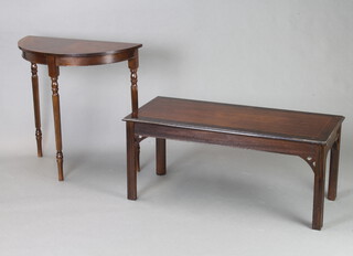 A Georgian style crossbanded mahogany demi-lune occasional table on reeded supports 75cm h x 76cm w x 37cm d together with a Georgian style rectangular mahogany coffee table 46cm h x 107cm w x 46cm d 