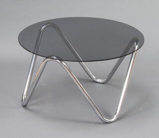 A 1970's chromium plate tubular metal coffee table with circular smoked plate glass top 35cm h x 61cm diam. 