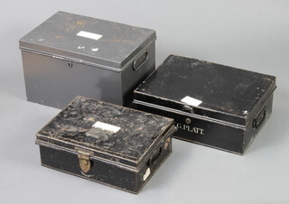 Three metal twin handled deed boxes 25cm x 41cm x 27cm, 15cm x 40cm x 30cm and 13cm x 37cm x 27cm (no keys) 