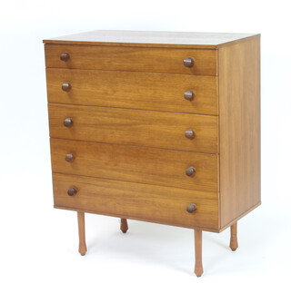Avalon, a mid Century teak chest of 5 drawers with shaped handles, raised on turned supports 96cm h x 82cm w x 43cm d (ink marks and scuffing to the top) 