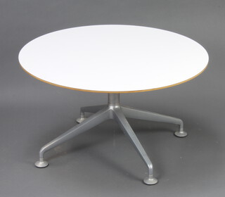 A mid Century "Orange Box" circular laminate and chrome reception table, raised on 4 outswept supports 44cm h x 80cm w 