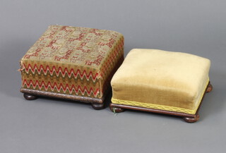 A Victorian footstool upholstered in yellow material on bun feet 13cm x 29cm x 31cm together with 1 other 17cm x 31cm x 31cm 