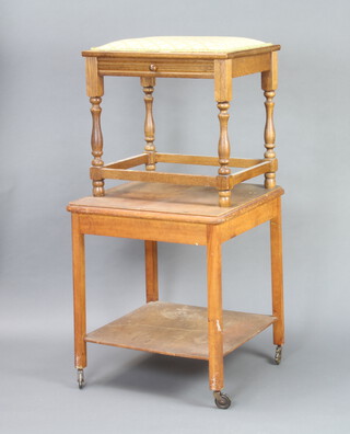 A rectangular oak stool with upholstered seat, fitted a drawer and raised on turned and block supports 46cm h x 50cm w x 40cm d together with a plywood 2 tier occasional table 60cm h x 54cm w x 54cm d 