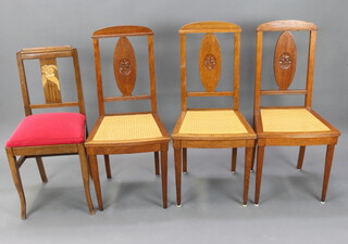 3 1930's French carved oak slat back bedroom chairs with woven rush seats, and a 1930's oak slat back dining chair with upholstered drop in seat