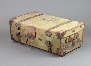 A W H Smith of Bath green fibre and leather bound cabin trunk with Southern Railways label and Grand Hotel label etc 34cm h x 91cm w x 52cm d 