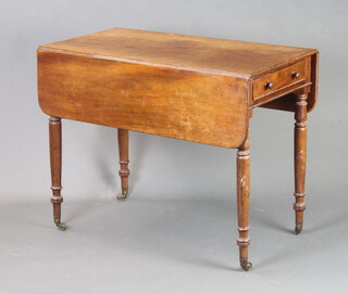 A Victorian mahogany Pembroke table fitted a drawer, raised on turned supports 73cm h x 91cm w x 50cm (ring marks to the top) 