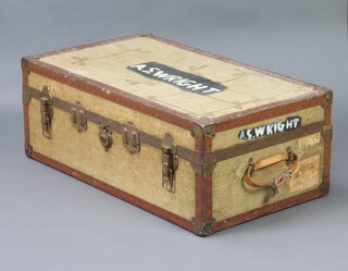 A green fibre bound cabin trunk 35cm h x 91cm w x 52cm d 