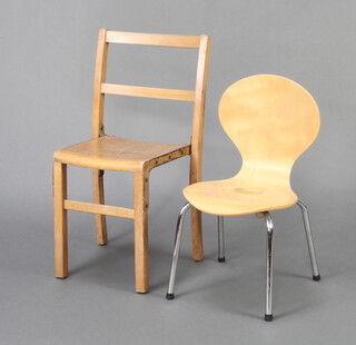 A child's mid Century plywood and tubular metal chair together with a beech framed child's chair 
