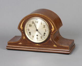 A 1930's chiming mantel clock with silvered dial and Arabic numerals contained in an inlaid mahogany admiral's hat shaped case (some inlay missing) 
