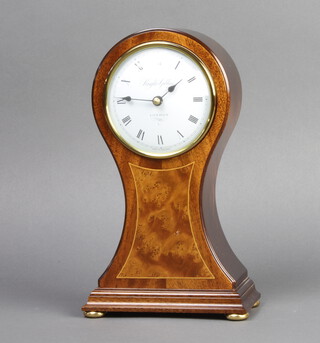 Knight and Gibbins, a Victorian style timepiece with paper dial and Roman numerals contained in an inlaid walnut balloon case with quartz movement 