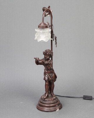 An Art Nouveau style bronzed table lamp in the form of a standing girl with flute 65cm h x 16cm 