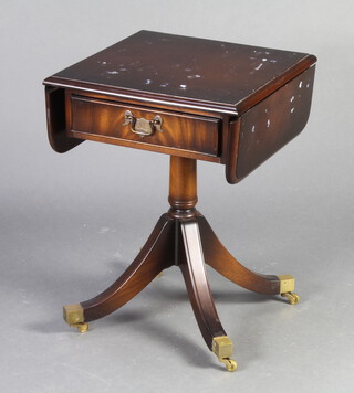 A Georgian style miniature mahogany pedestal sofa table fitted a frieze drawer, raised on brass caps and castors 92cm h x 45cm w x 46cm d  (top with bluetack marks) 