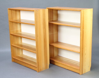 A pair of pine bookcases with adjustable shelves 106cm h x 80cm w x 28cm d (1 with ring mark) THESE BOOKCASES HAVE BEEN DISPOSED OF AS UNSALEABLE, NO INTEREST IN THEM OVER THE LAST TWO AUCTIONS 