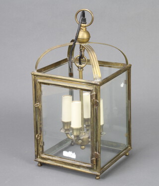 A Georgian style square gilt metal 3 light hanging hall lantern 44cm h x 20cm w x 20cm d 