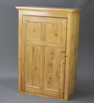 A Victorian pine cabinet with moulded cornice, the interior fitted shelves enclosed by a panelled door 132cm h x 87cm w x 51cm d (old but treated worm to the base) 