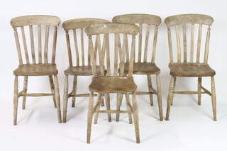 A set of 5 19th Century bleached elm stick and rail back Windsor chairs (signs of old but treated worm in places, frames loose) 