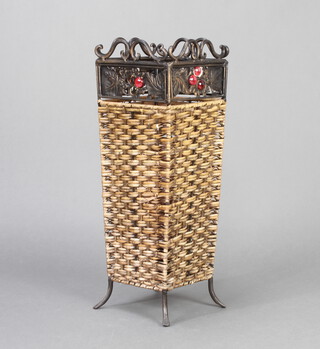 A square metal and wicker umbrella stand 56cm x 19cm x 19cm 