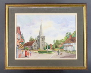 A T Daniel, watercolour, signed, Tanworth in Arden with Church 21cm x 38cm together with F M Bennett, print, interior view with cardinals 59cm x 75cm (2)