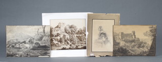 A 19th Century painted sketch unsigned and unframed, study of a ruined Continental building 25cm x 33cm and 4 others