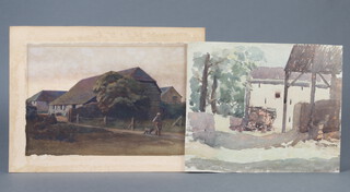 G Russell, watercolour unsigned, farmyard scene, unframed and 1 other unframed  