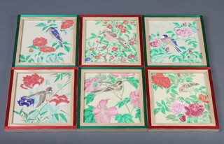 Six Oriental watercolours, studies of exotic birds 19cm x 18cm, contained in hardwood and silk covered frames