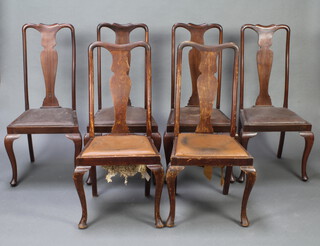 A harlequin set of 6 Queen Anne style mahogany slat back dining chairs with upholstered drop in seats raised on cabriole supports (4 and 2) 