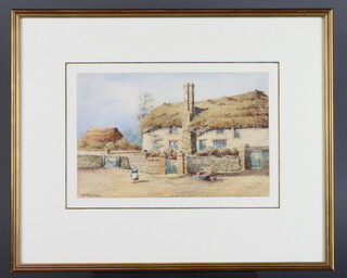 J A Clarkson, watercolour, cat before a thatched cottage 16cm x 25cm 
