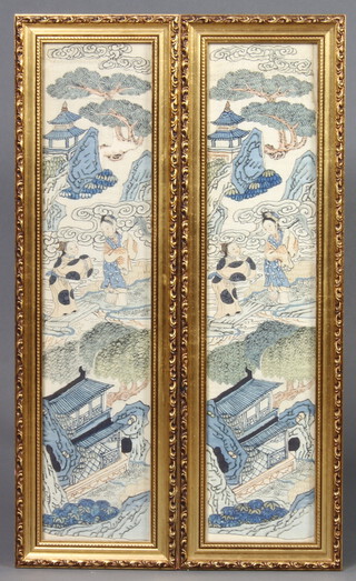 A pair of machine made Chinese style stitchwork panels contained in gilt frames 48cm x 10cm 