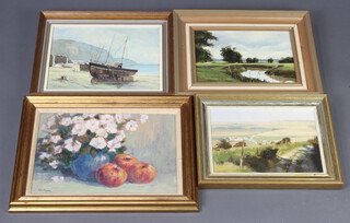 John Stephen, oil on board "Fisherman's Beach Hastings" 22cm x 29cm, ditto, still life study apples and flowers 23cm x 34cm, Maurice Bealey oil on board downland scene with path and buildings in the distance 18cm x 26cm and 1 other rural stream 18cm x 26cm 