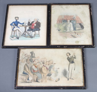 Three 18th/19th Century satirical coloured prints "Lisle's Sketches No.4" 31cm x 24cm, "Heath's Miseries of Life No.8" 30cm x 24cm and "Hullabaloo" 23cm x 25cm, all contained in ebonised and gilt frames (all with water damage)  